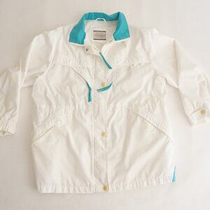 Vintage Sequence White w Teal Trim Cotton Zip Up Nylon Lined Utility Jacket XL